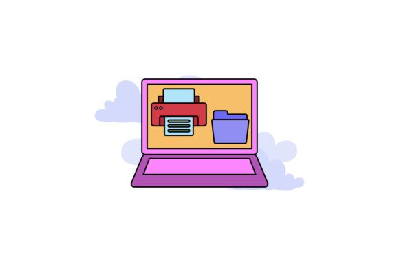 Cute Icon Laptop Printer Color Outline Graphics & Illustrations